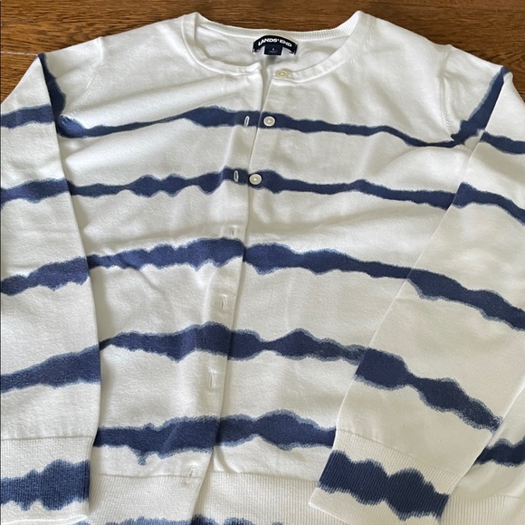 2 Lands’ End Cardigan Sweaters women’s reg large green stripe/blue stripe - Picture 4 of 6